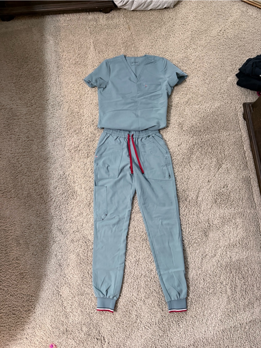 Light Blue Women's Jogger Pants with Red Drawstring scrub Set